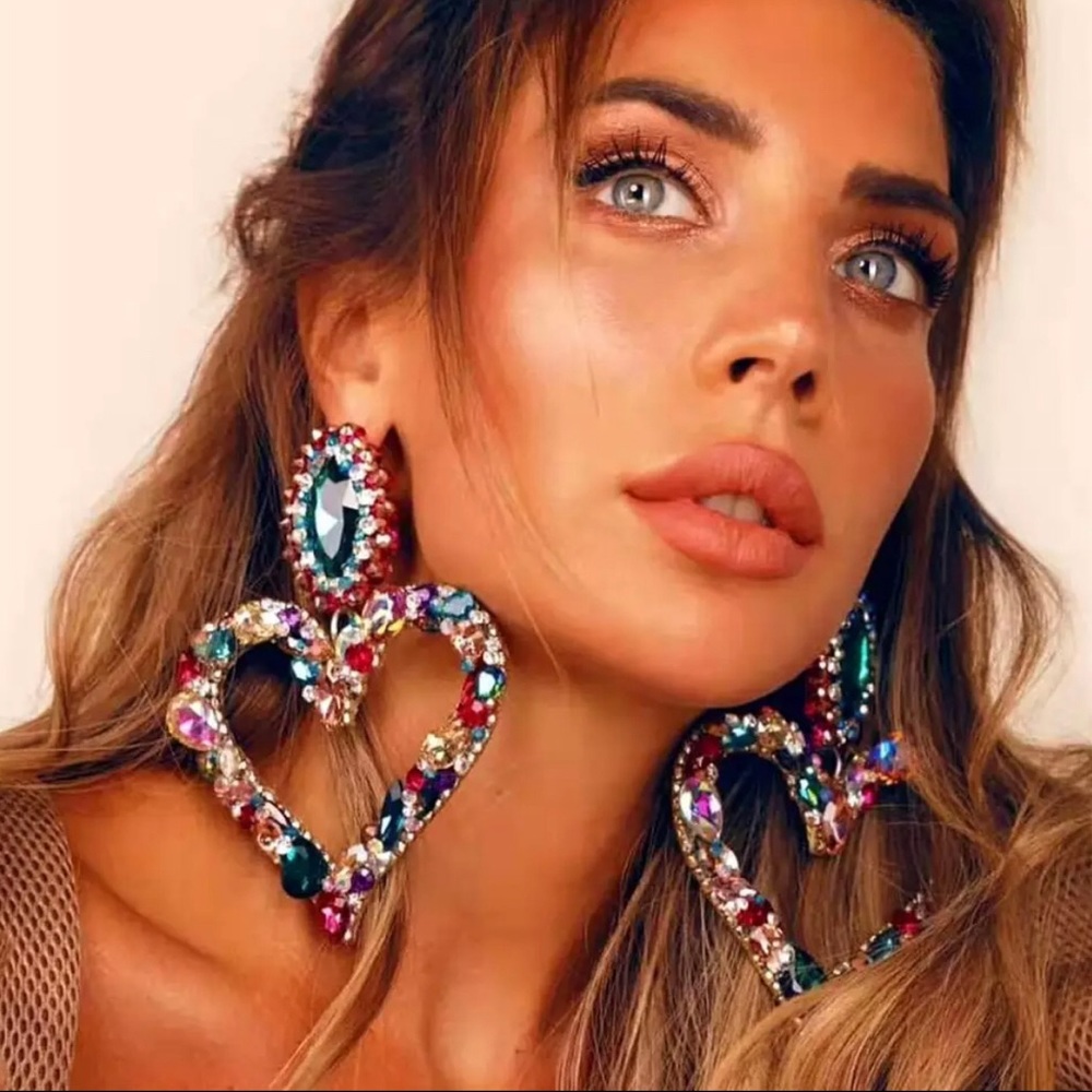 Heart Earrings with Water Drop Color Rhinestone